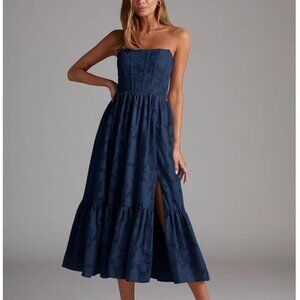 Azazie Delphina Dark Navy A-Line Strapless Floral Burnout Convertible Dres